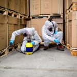 Two experts are spraying the corners of boxes to ensure effective industrial pest control.