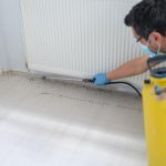 A pest control expert is administering a chemical pest treatment at home.